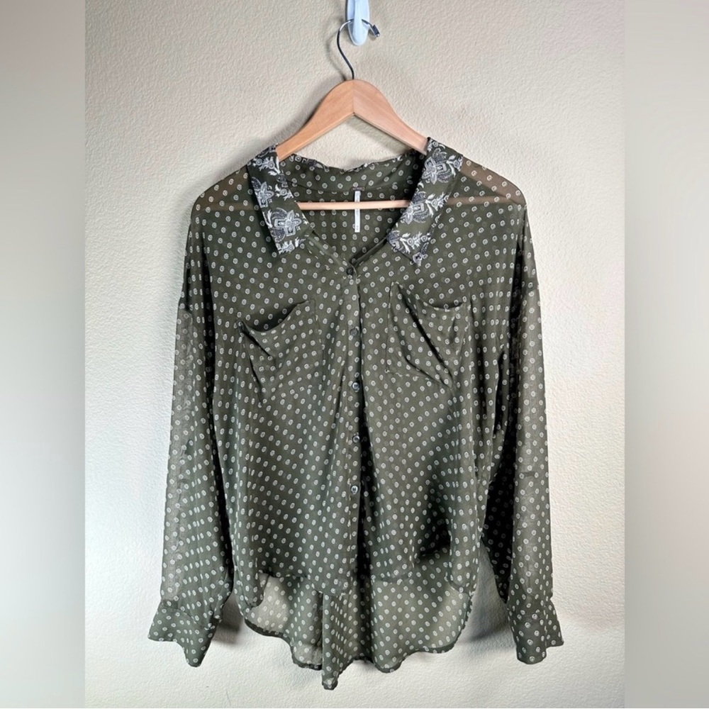 Free People Olive Polka Dot Button-Down Blouse with Contrast Collar